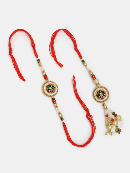 Set Of 2 Gold-Toned Stone-Studded & Beaded Bhaiya Bhabi Rakhi With Roli Chawal & Chocolate