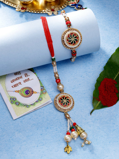 Set Of 2 Gold-Toned Stone-Studded & Beaded Bhaiya Bhabi Rakhi With Roli Chawal