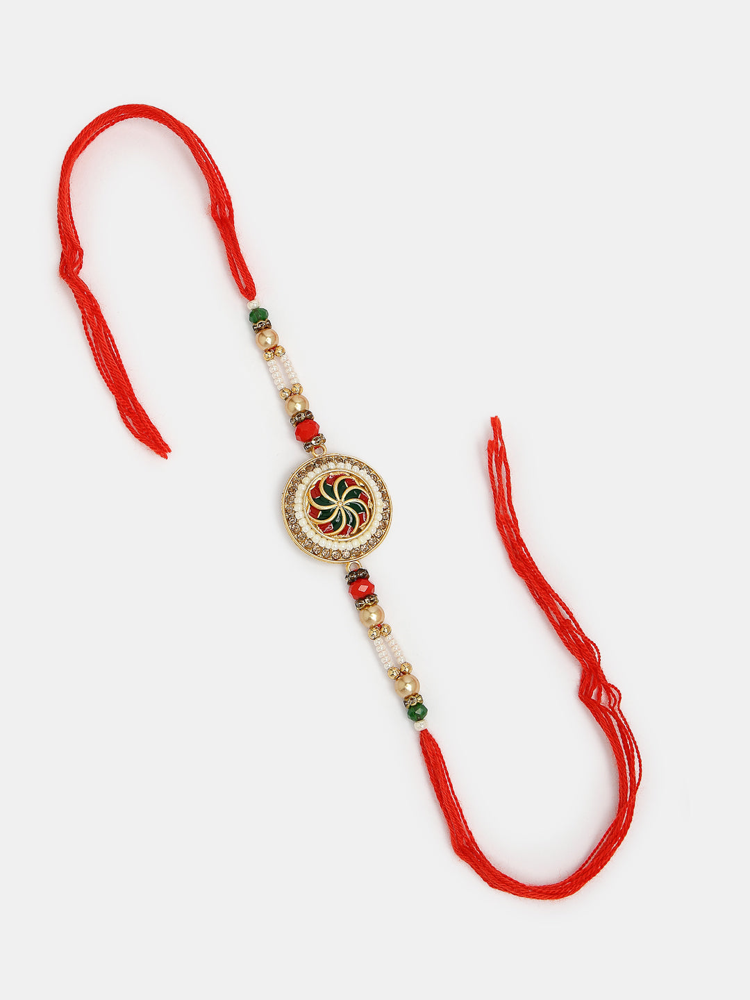 Set Of 2 Gold-Toned Stone-Studded & Beaded Bhaiya Bhabi Rakhi With Roli Chawal