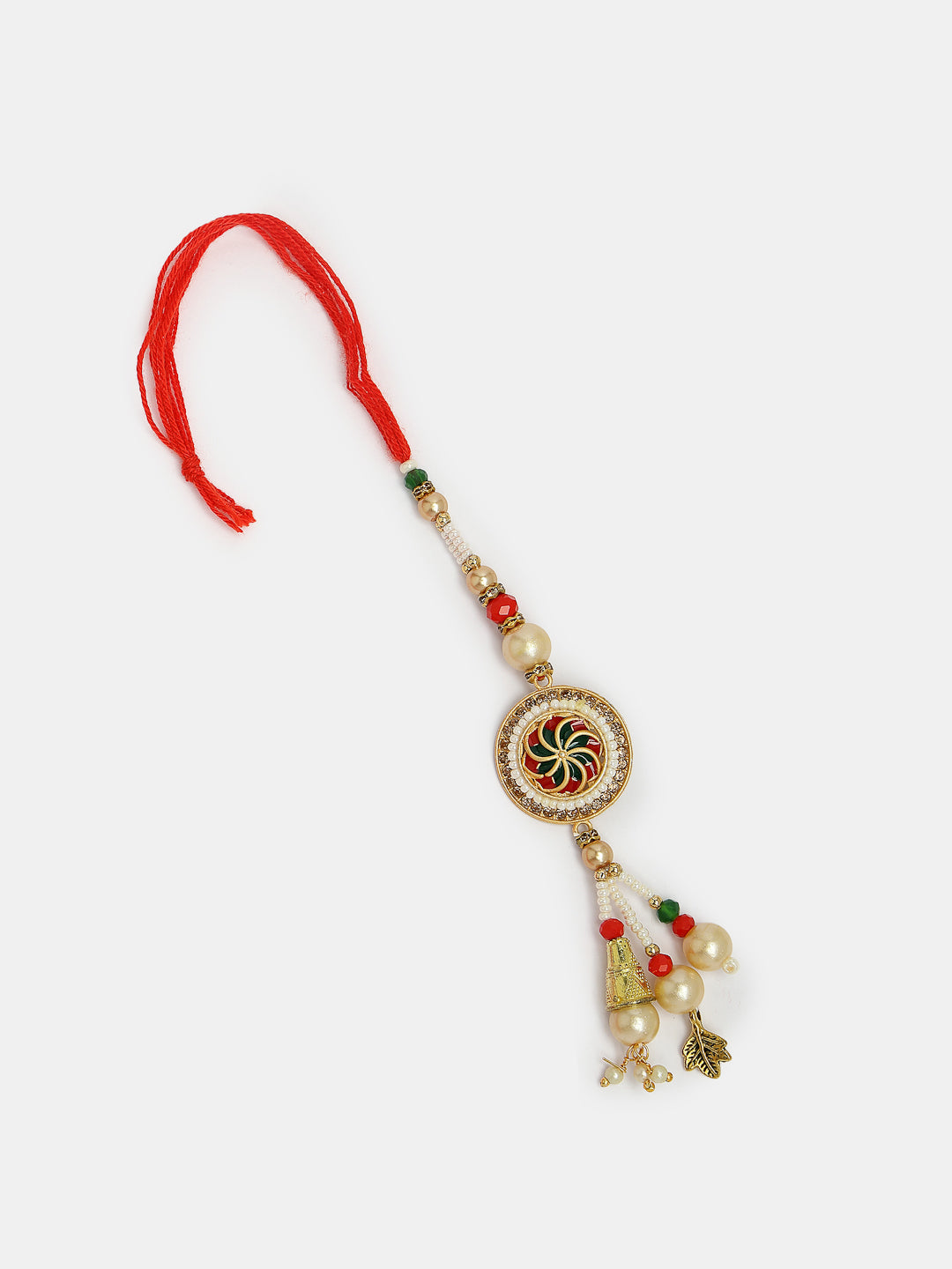 Set Of 2 Gold-Toned Stone-Studded & Beaded Bhaiya Bhabi Rakhi With Roli Chawal