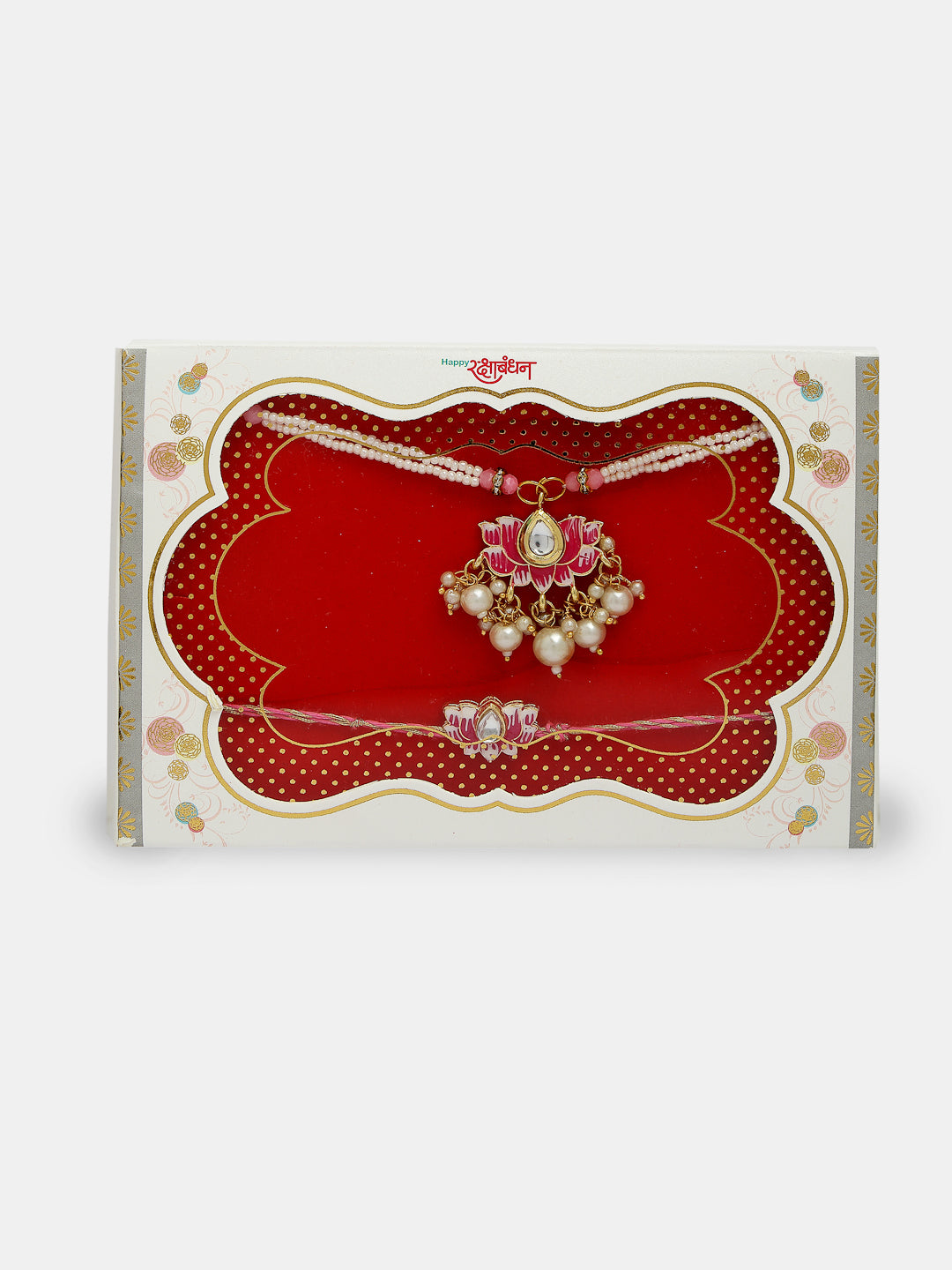 Set Of 2 Pink Lotus Shape Kundan-Studded & Beaded Wraparound Rakhi Set With Roli Chawal & Chocolate