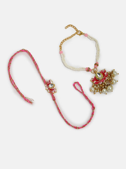 Set Of 2 Pink Lotus Shape Kundan-Studded & Beaded Wraparound Rakhi Set With Roli Chawal & Chocolate