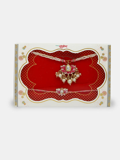 Set Of 2 Pink Lotus Shape Kundan-Studded & Beaded Handcrafted Wraparound Rakhi Set With Roli Chawal