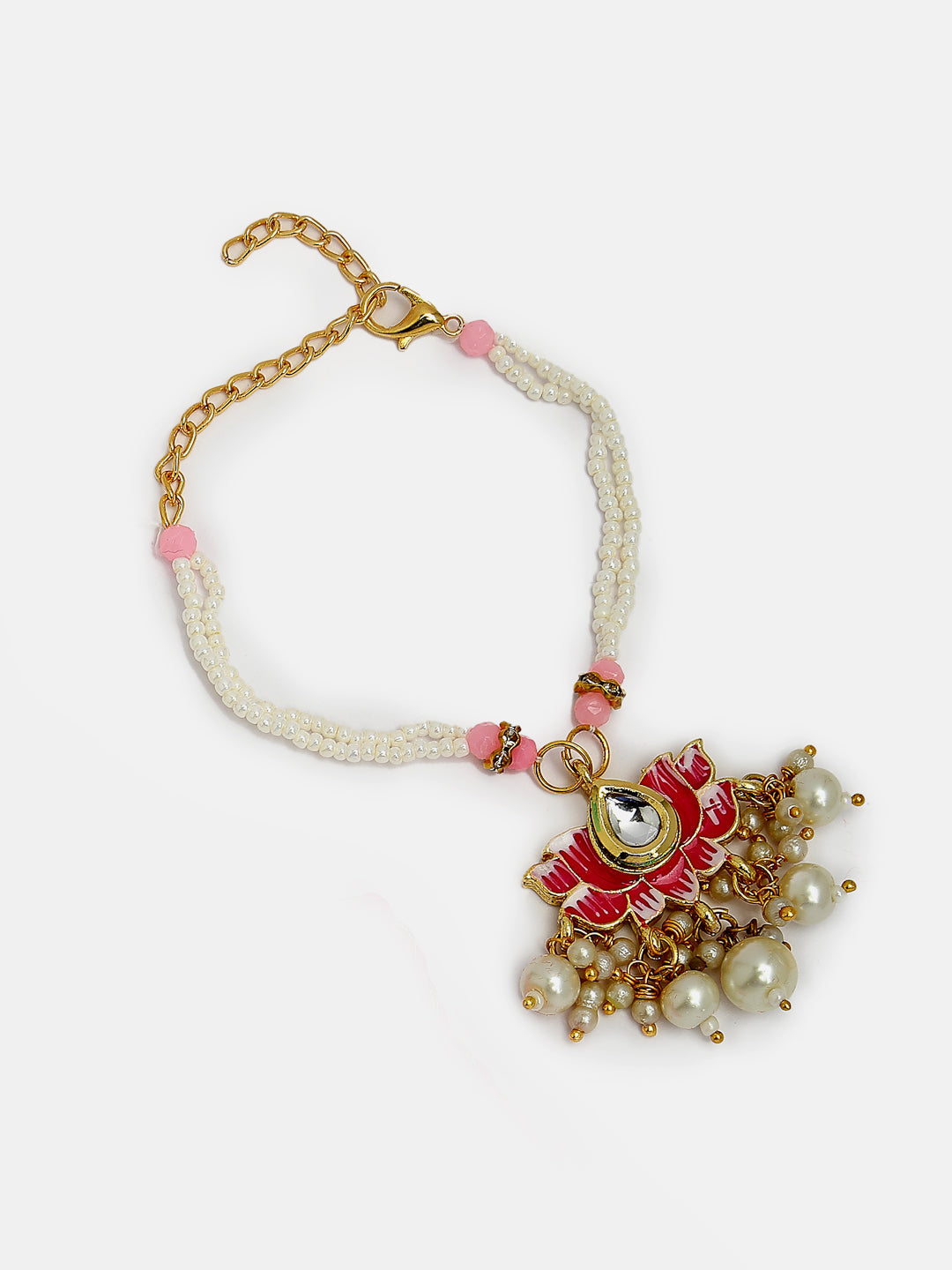 Set Of 2 Pink Lotus Shape Kundan-Studded & Beaded Handcrafted Wraparound Rakhi Set With Roli Chawal