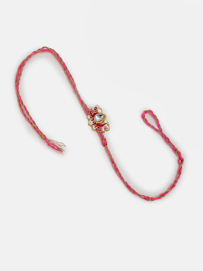 Set Of 2 Pink Lotus Shape Kundan-Studded & Beaded Handcrafted Wraparound Rakhi Set With Roli Chawal