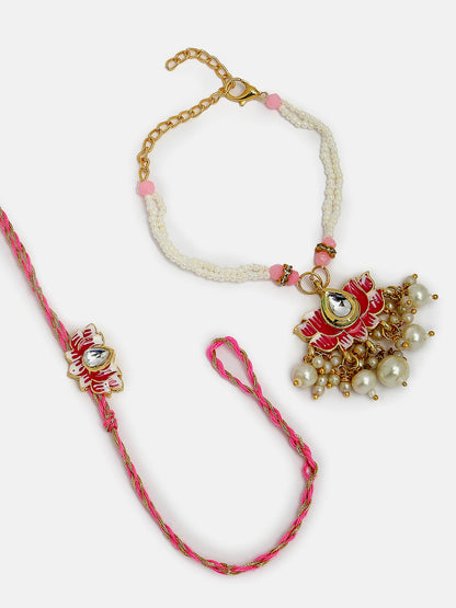 Set Of 2 Pink Lotus Shape Kundan-Studded & Beaded Handcrafted Wraparound Rakhi Set With Roli Chawal
