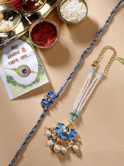 Set Of 2 Blue Lotus Shape Kundan-Studded & Beaded Wraparound Rakhi Set With Roli Chawal & Chocolate