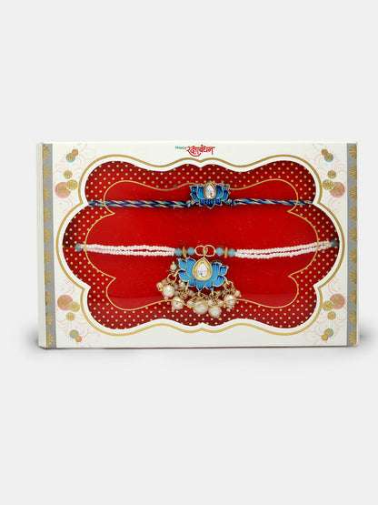 Set Of 2 Blue Lotus Shape Kundan-Studded & Beaded Wraparound Rakhi Set With Roli Chawal & Chocolate