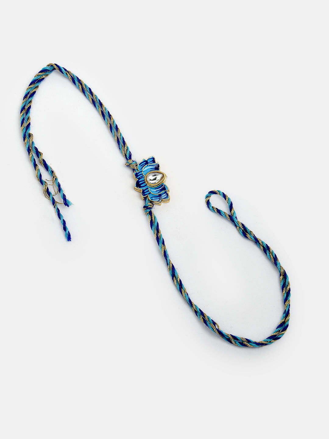 Set Of 2 Blue Lotus Shape Kundan-Studded & Beaded Wraparound Rakhi Set With Roli Chawal & Chocolate