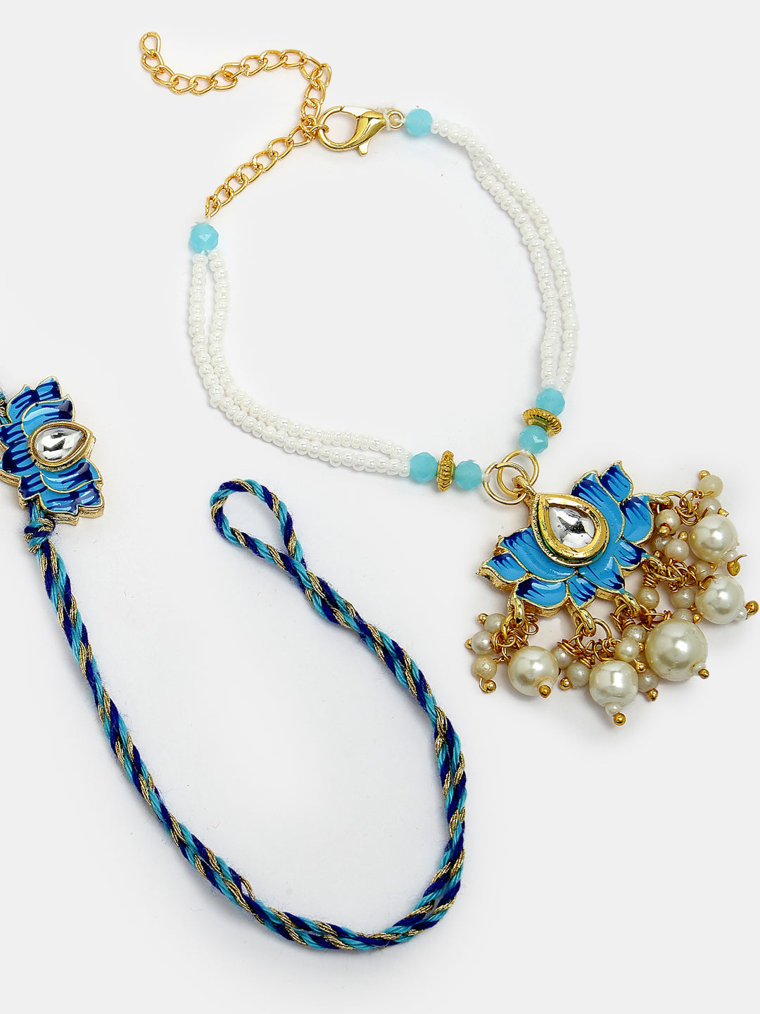 Set Of 2 Blue Lotus Shape Kundan-Studded & Beaded Wraparound Rakhi Set With Roli Chawal & Chocolate