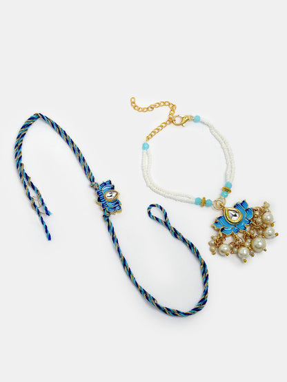 Set Of 2 Blue Lotus Shape Kundan-Studded & Beaded Wraparound Rakhi Set With Roli Chawal & Chocolate