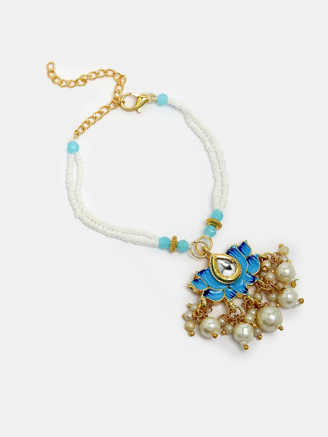 Set Of 2 Blue Lotus Shape Kundan-Studded & Beaded Handcrafted Wraparound Rakhi Set With Roli Chawal
