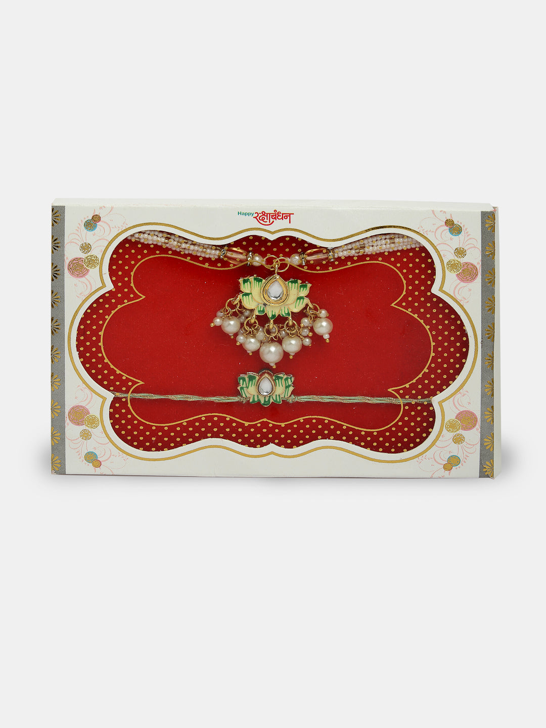 Set Of 2 Green Lotus Shape Kundan-Studded & Beaded Handcrafted Wraparound Rakhi Set With Roli Chawal