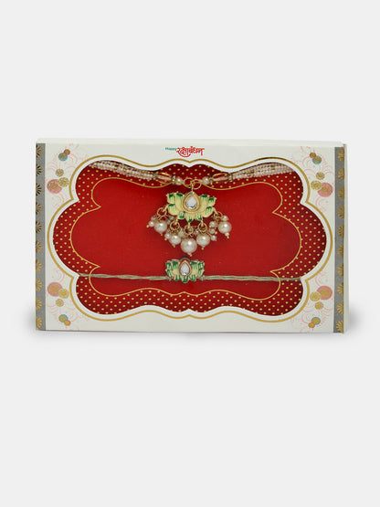 Set Of 2 Green Lotus Shape Kundan-Studded & Beaded Handcrafted Wraparound Rakhi Set With Roli Chawal