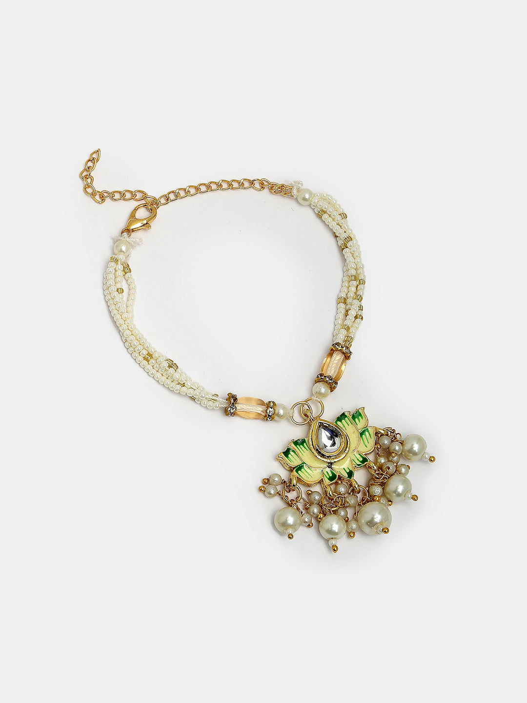 Set Of 2 Green Lotus Shape Kundan-Studded & Beaded Handcrafted Wraparound Rakhi Set With Roli Chawal
