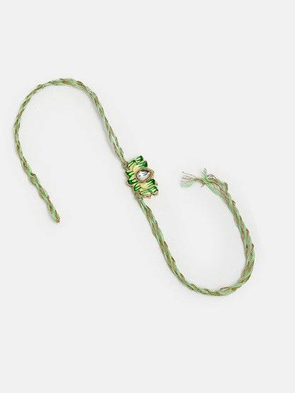 Set Of 2 Green Lotus Shape Kundan-Studded & Beaded Handcrafted Wraparound Rakhi Set With Roli Chawal