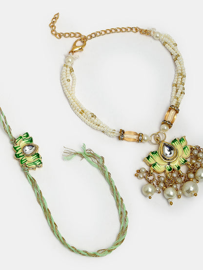 Set Of 2 Green Lotus Shape Kundan-Studded & Beaded Handcrafted Wraparound Rakhi Set With Roli Chawal