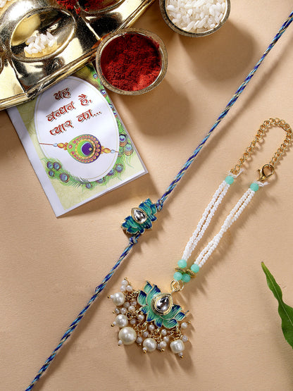 Set Of 2 Turquoise Blue Lotus Shape Kundan-Studded & Beaded Rakhi Set With Roli Chawal & Chocolate