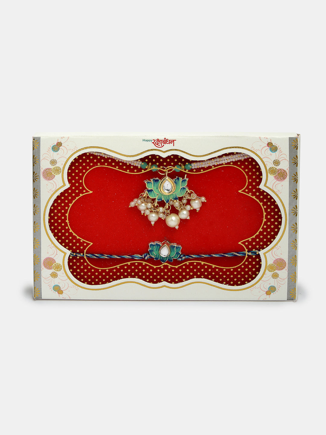 Set Of 2 Turquoise Blue Lotus Shape Kundan-Studded & Beaded Handcrafted Wraparound Rakhi Set With Roli Chawal