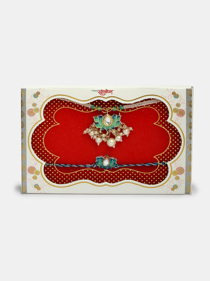 Set Of 2 Turquoise Blue Lotus Shape Kundan-Studded & Beaded Handcrafted Wraparound Rakhi Set With Roli Chawal