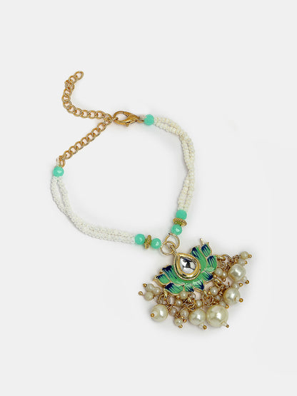 Set Of 2 Turquoise Blue Lotus Shape Kundan-Studded & Beaded Handcrafted Wraparound Rakhi Set With Roli Chawal