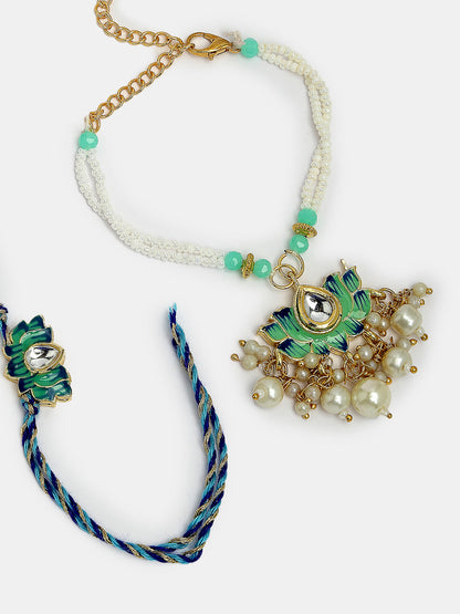 Set Of 2 Turquoise Blue Lotus Shape Kundan-Studded & Beaded Handcrafted Wraparound Rakhi Set With Roli Chawal