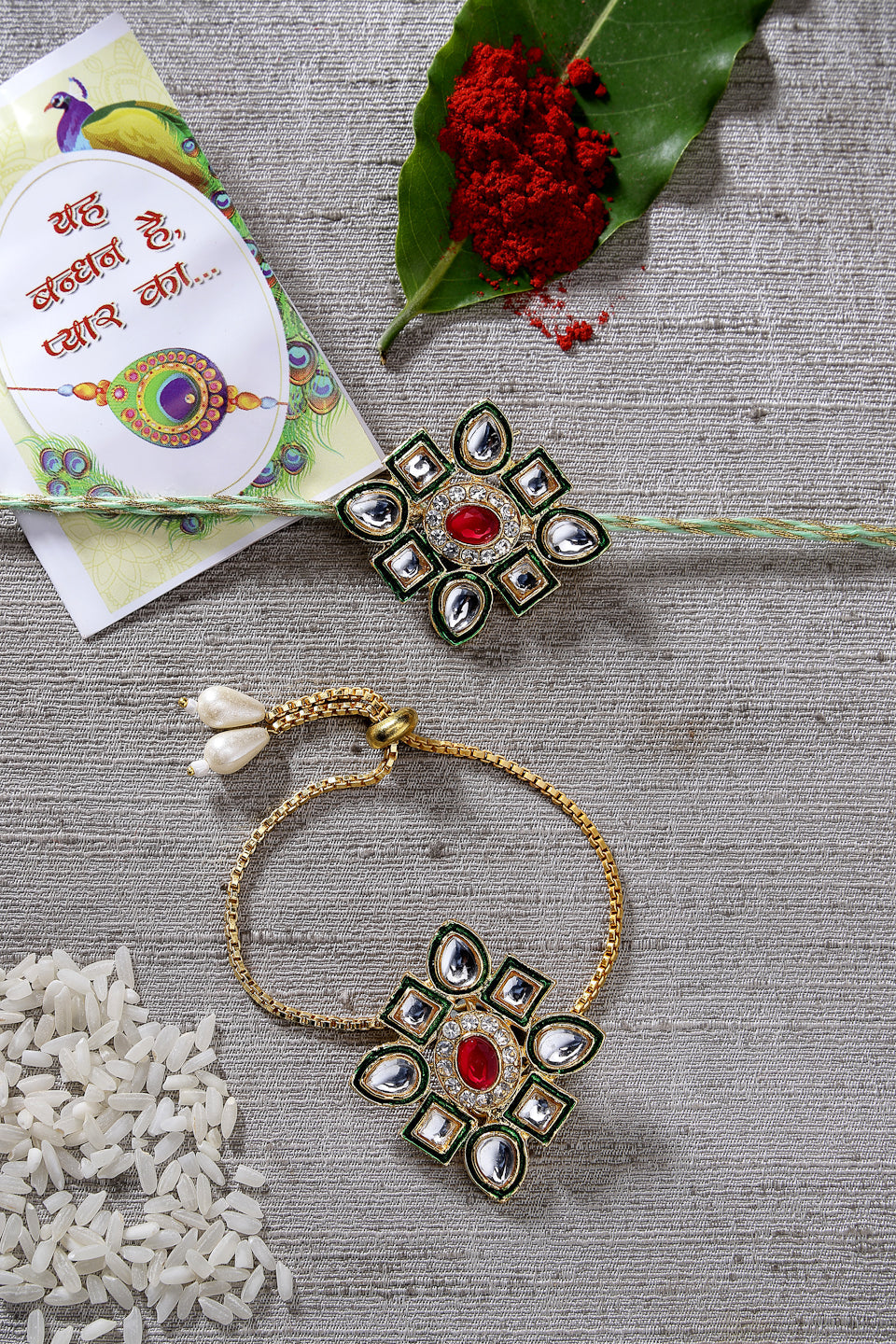 Set Of 2 Gold Kundan-Studded Handcrafted Wraparound Rakhi Set With Roli Chawal & Chocolate