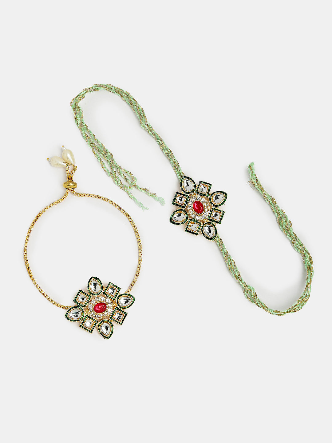 Set Of 2 Gold Kundan-Studded Handcrafted Wraparound Rakhi Set With Roli Chawal & Chocolate
