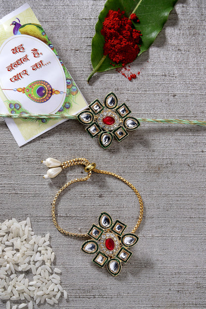 Set Of 2 Gold Kundan-Studded Handcrafted Wraparound Rakhi Set With Roli Chawal