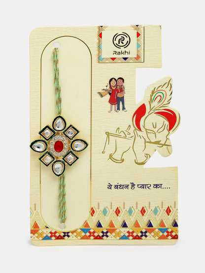Set Of 2 Gold Kundan-Studded Handcrafted Wraparound Rakhi Set With Roli Chawal