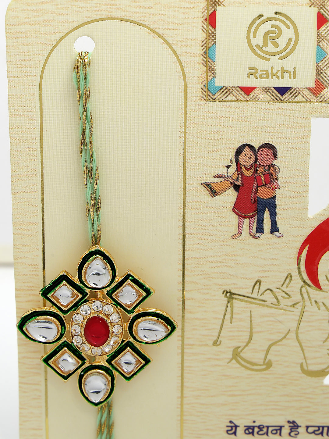 Set Of 2 Gold Kundan-Studded Handcrafted Wraparound Rakhi Set With Roli Chawal