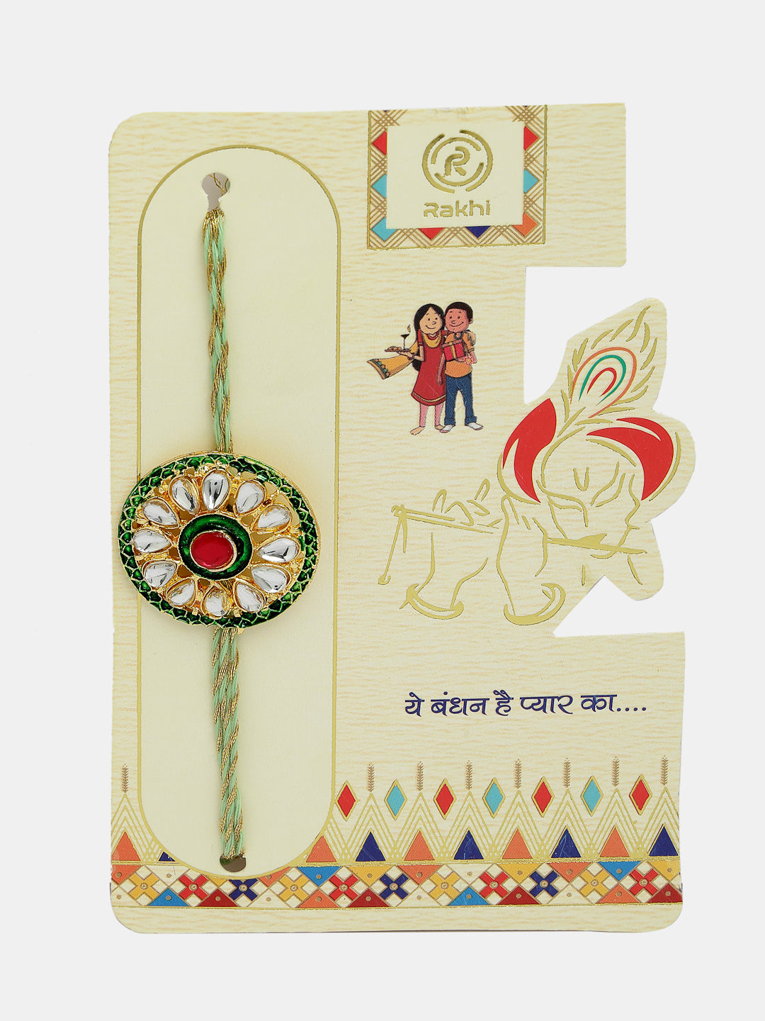 Set Of 2 Gold Kundan-Studded Handcrafted Wraparound Rakhi Set With Roli Chawal & Chocolate