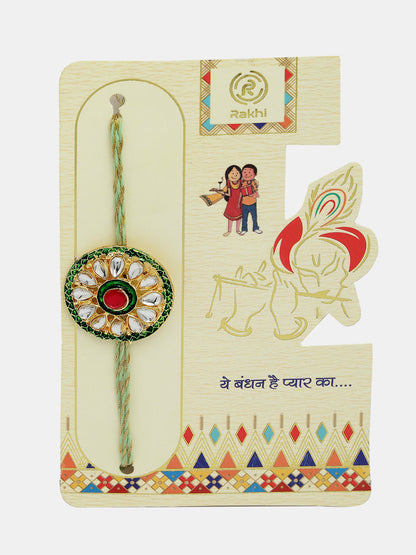 Set Of 2 Gold Kundan-Studded Handcrafted Wraparound Rakhi Set With Roli Chawal & Chocolate