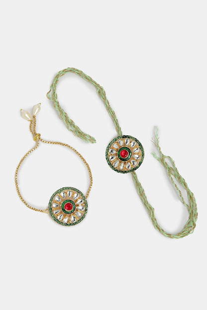 Set Of 2 Gold Kundan-Studded Handcrafted Wraparound Rakhi Set With Roli Chawal & Chocolate