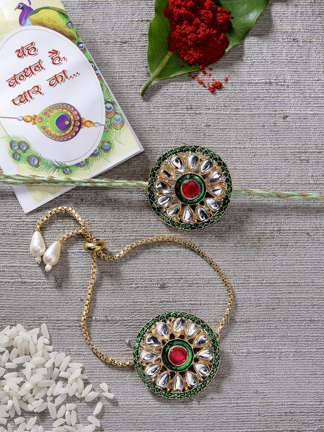 Set Of 2 Gold Kundan-Studded Handcrafted Wraparound Rakhi Set With Roli Chawal