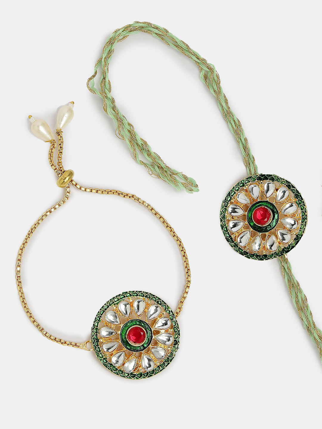 Set Of 2 Gold Kundan-Studded Handcrafted Wraparound Rakhi Set With Roli Chawal