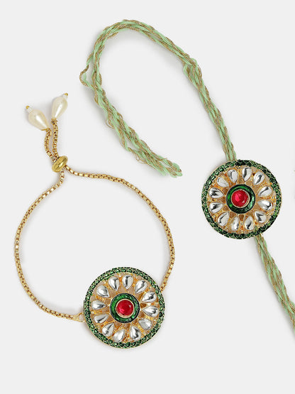 Set Of 2 Gold Kundan-Studded Handcrafted Wraparound Rakhi Set With Roli Chawal