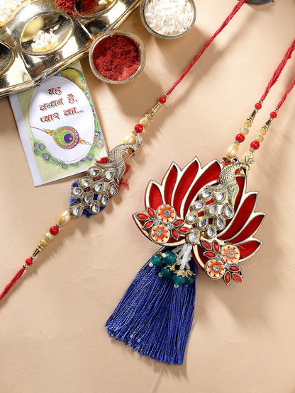 Set Of 2 Gold-Toned Peacock Design Stone-Studded Bhaiya Bhabhi Rakhi With Roli Chawal & Chocolate