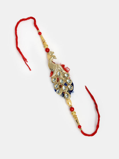 Set Of 2 Gold-Toned Peacock Design Stone-Studded Bhaiya Bhabhi Rakhi With Roli Chawal & Chocolate