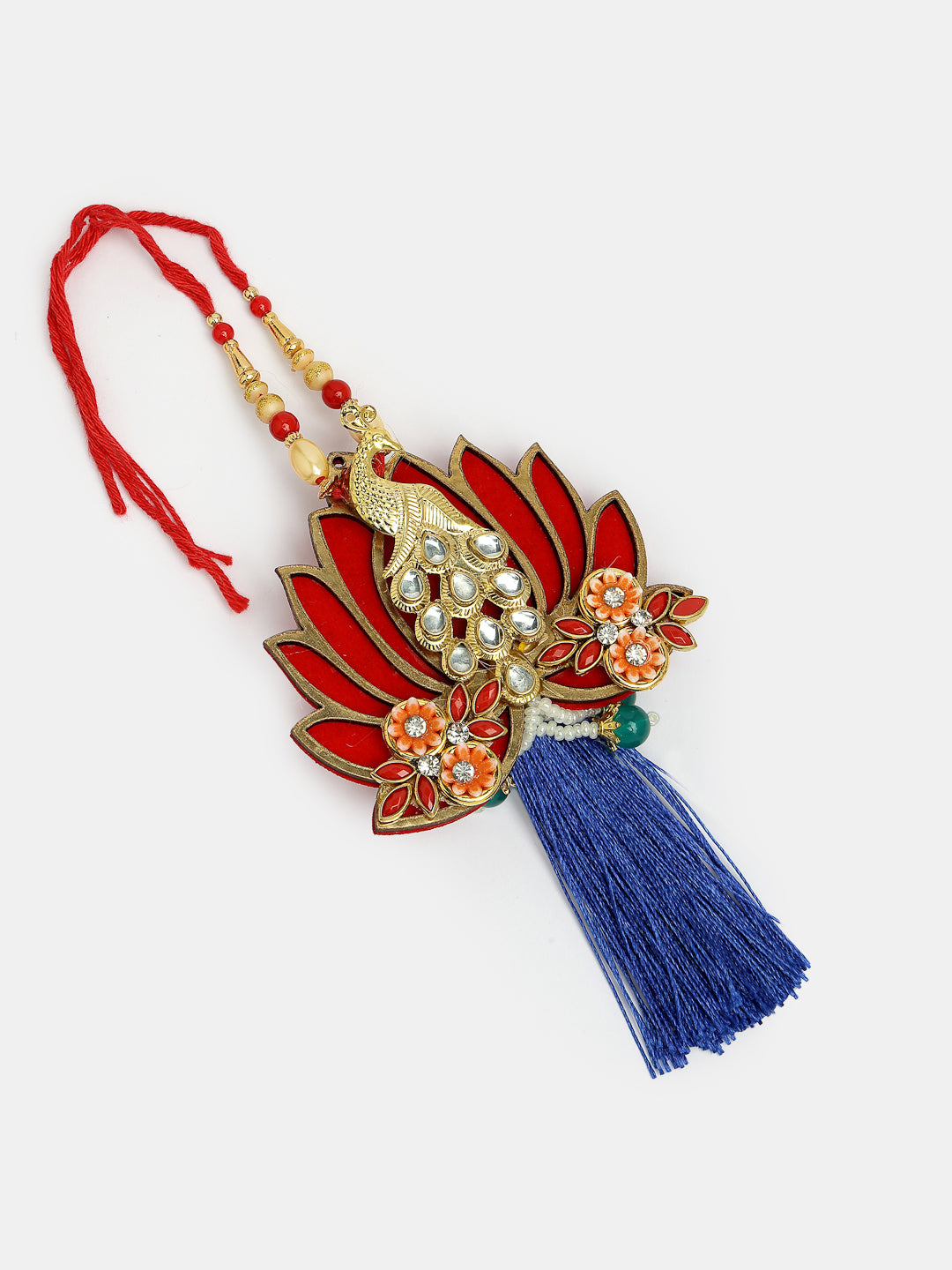 Set Of 2 Gold-Toned Peacock Design Stone-Studded Bhaiya Bhabhi Rakhi With Roli Chawal & Chocolate
