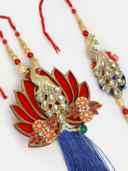 Set Of 2 Gold-Toned Peacock Design Stone-Studded Bhaiya Bhabhi Rakhi With Roli Chawal