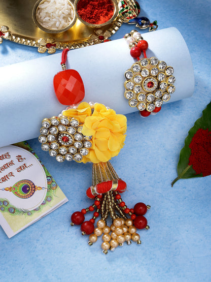 Set Of 2 Red & Gold-Toned Stone-Studded & Beaded Bhaiya Bhabhi Rakhi With Roli Chawal & Chocolate