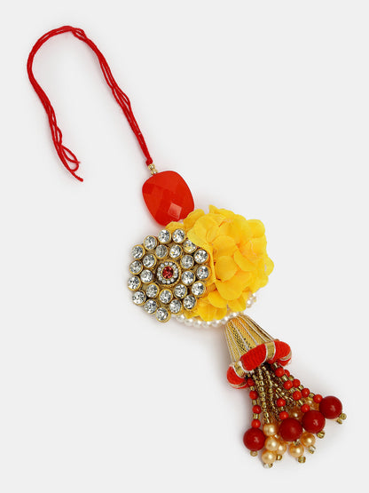 Set Of 2 Red & Gold-Toned Stone-Studded & Beaded Bhaiya Bhabhi Rakhi With Roli Chawal & Chocolate