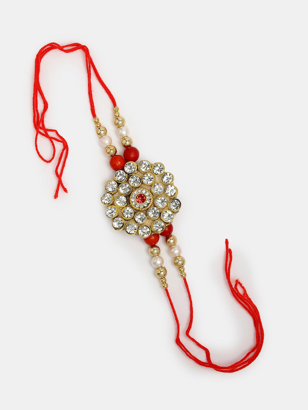 Set Of 2 Red & Gold-Toned Stone-Studded & Beaded Bhaiya Bhabhi Rakhi With Roli Chawal & Chocolate