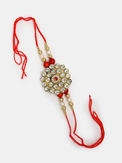 Set Of 2 Red & Gold-Toned Stone-Studded & Beaded Bhaiya Bhabhi Rakhi With Roli Chawal & Chocolate