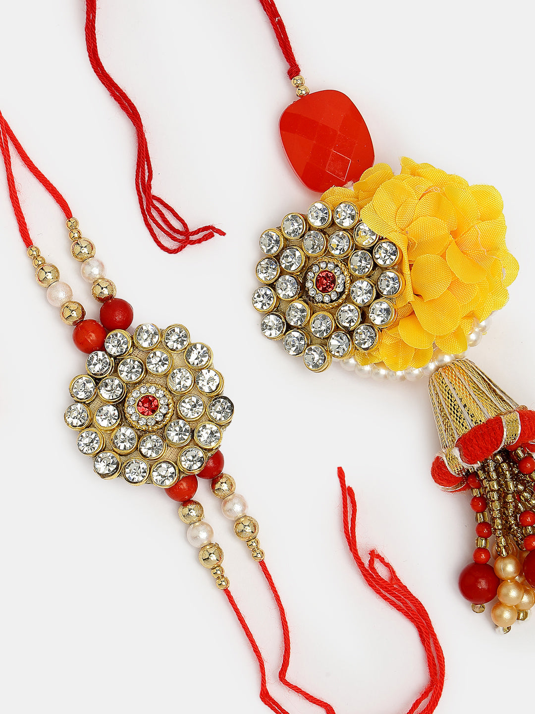 Set Of 2 Red & Gold-Toned Stone-Studded & Beaded Bhaiya Bhabhi Rakhi With Roli Chawal & Chocolate