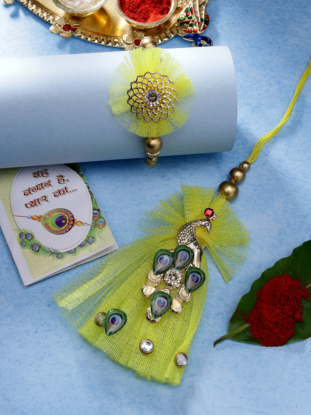 Set Of 2 Yellow Peacock Design Bhaiya Bhabhi Rakhi With Roli Chawal & Chocolate