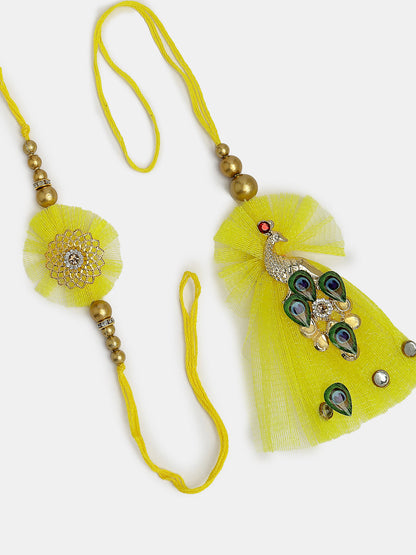 Set Of 2 Yellow Peacock Design Bhaiya Bhabhi Rakhi With Roli Chawal