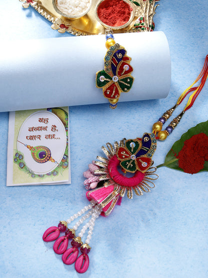 Set Of 2 Multicolor Thread Work & Beaded Bhaiya Bhabhi Rakhi With Roli Chawal & Chocolate