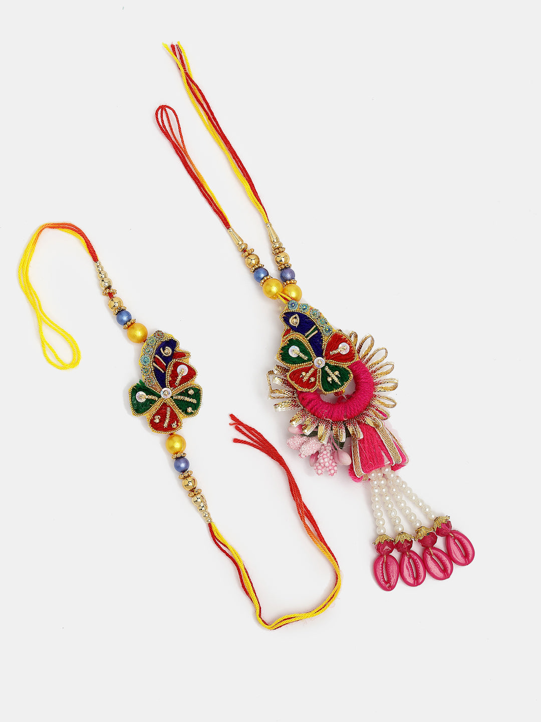 Set Of 2 Multicolor Thread Work & Beaded Bhaiya Bhabhi Rakhi With Roli Chawal & Chocolate